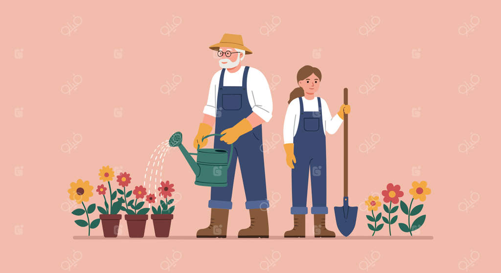 باغبان و کودک در حال مراقبت از گل‌ها در یک تصویرسازی شاد و رنگارنگ