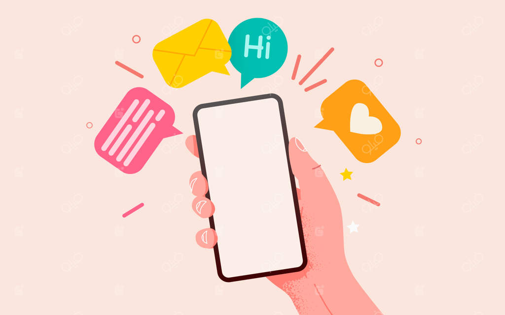 دست در حال نگه‌داشتن گوشی با مفهوم پیام‌رسانی و شبکه‌های اجتماعی
