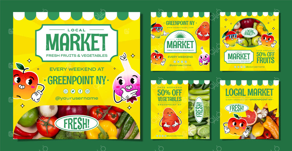 مجموعه پست‌های اینستاگرام بازار محلی با طراحی دستی کارتونی