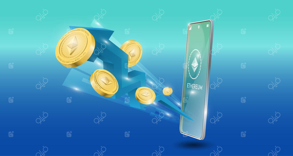 مفهوم فناوری بلاکچین با فلش صعودی و تصویر پس‌زمینه اتریوم