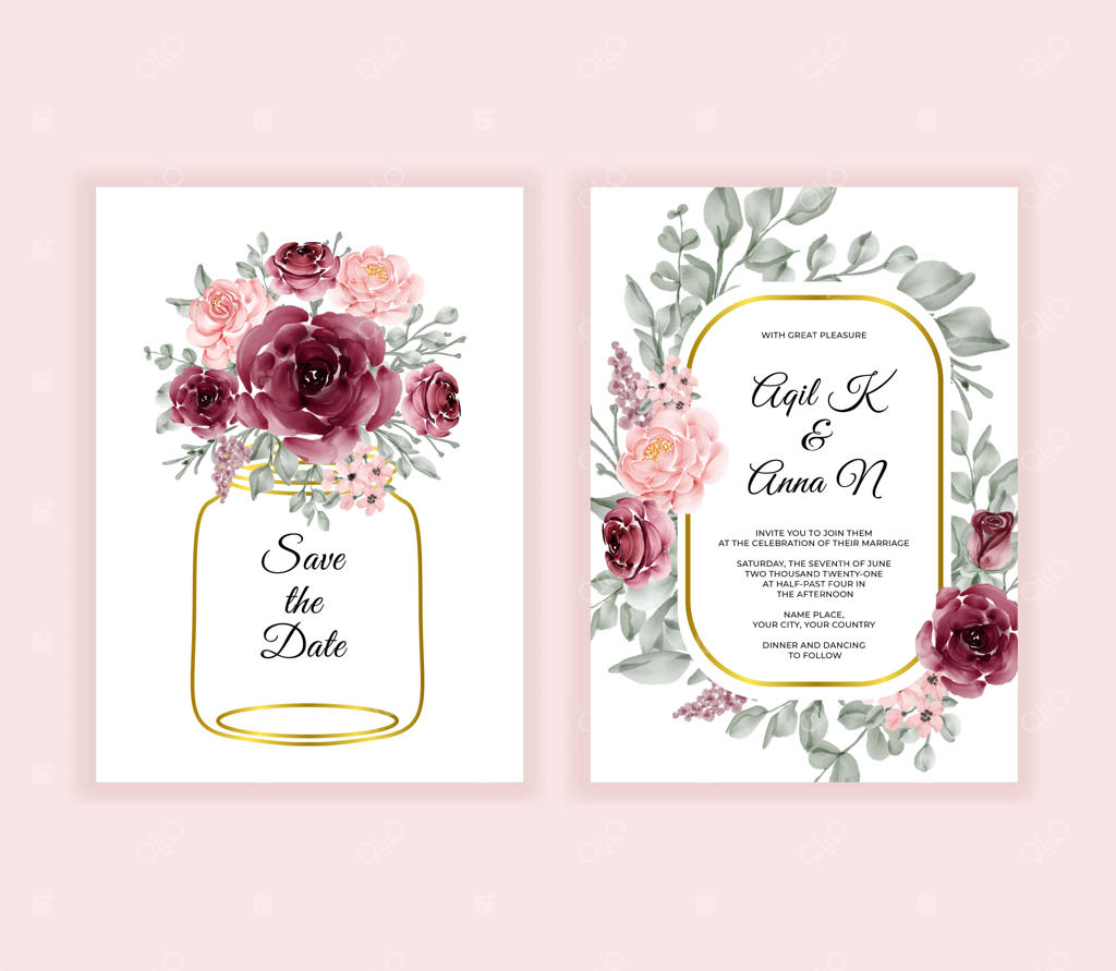 کارت دعوت عروسی مدرن با گل‌های زیبا در گلدان طلایی