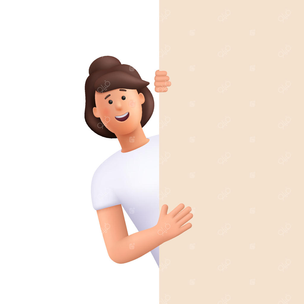 زن جوانی که لبخند می‌زند و از پشت دیوار یا بنر سرک می‌کشد. شخصیت سه‌بعدی. سبک کارتونی مینیمال.