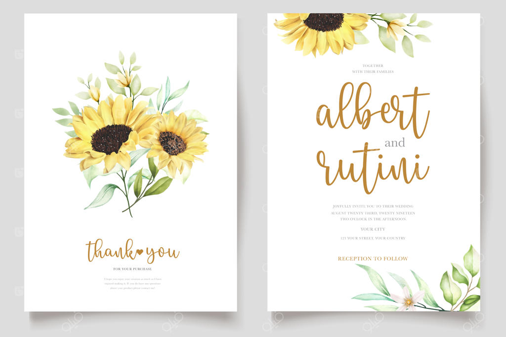 کارت دعوت گل آفتابگردان با طرح آبرنگی