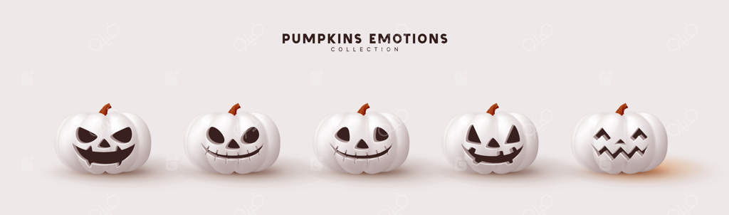 مجموعه‌ای از کدو تنبل‌های هالووین برای جشن‌گرفتن: کدو تنبل‌های سفید سه‌بعدی با لبخند ترسناک و جذاب. مجموعه‌ای از عناصر طراحی سه‌بعدی بر روی پس‌زمینه روشن. وکتور ایلاستریشن