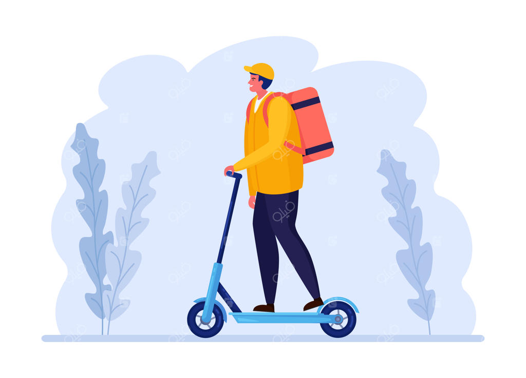 خدمات تحویل سریع و رایگان با اسکوتر. پیک غذا را می‌رساند. ارسال سریع بسته آنلاین. مردی که بسته‌ای را حمل می‌کند. ردیابی سفارش به‌صورت آنلاین.