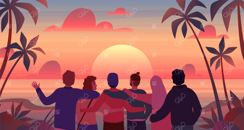 دوستان در غروب خورشید: مردان و زنان کارتونی که به خورشید نگاه می‌کنند، گردشگران خوشحالی که از منظره زیبا در ساحل گرمسیری لذت می‌برند، افرادی که در کنار هم ایستاده و یکدیگر را در آغوش کشیده‌اند و مناظر دریا را با هم تحسین می‌کنند. یک تصویر برداری از دوستی.