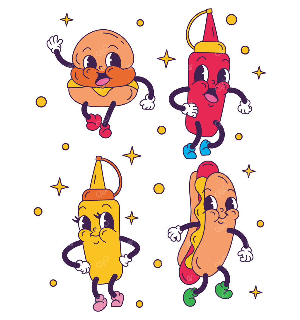 مجموعه‌ای از نقاشی‌های کارتونی وینتیج غذای جداسازی شده روی زمینه‌ی سفید