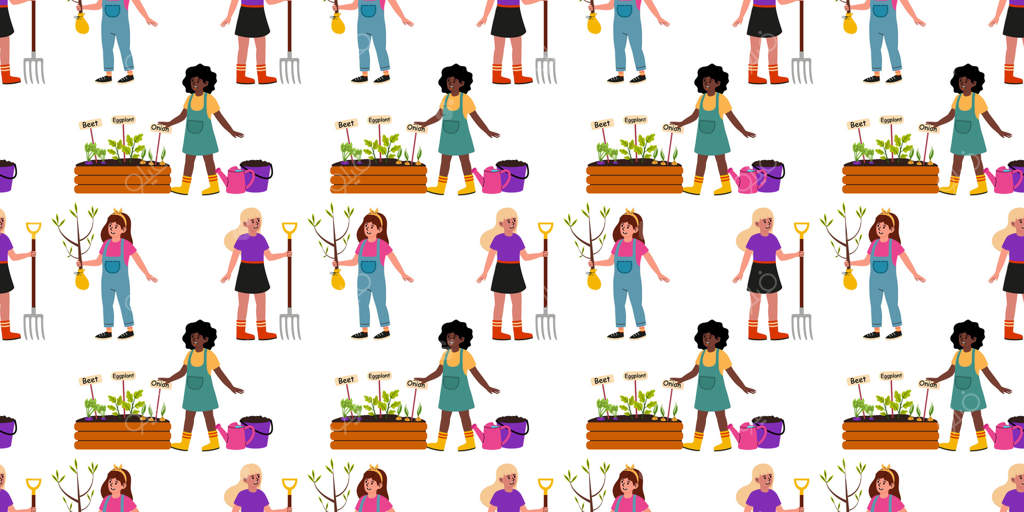 زنان در حال باغبانی در باغچه‌ی جمعی در یک روز آفتابی بهاری