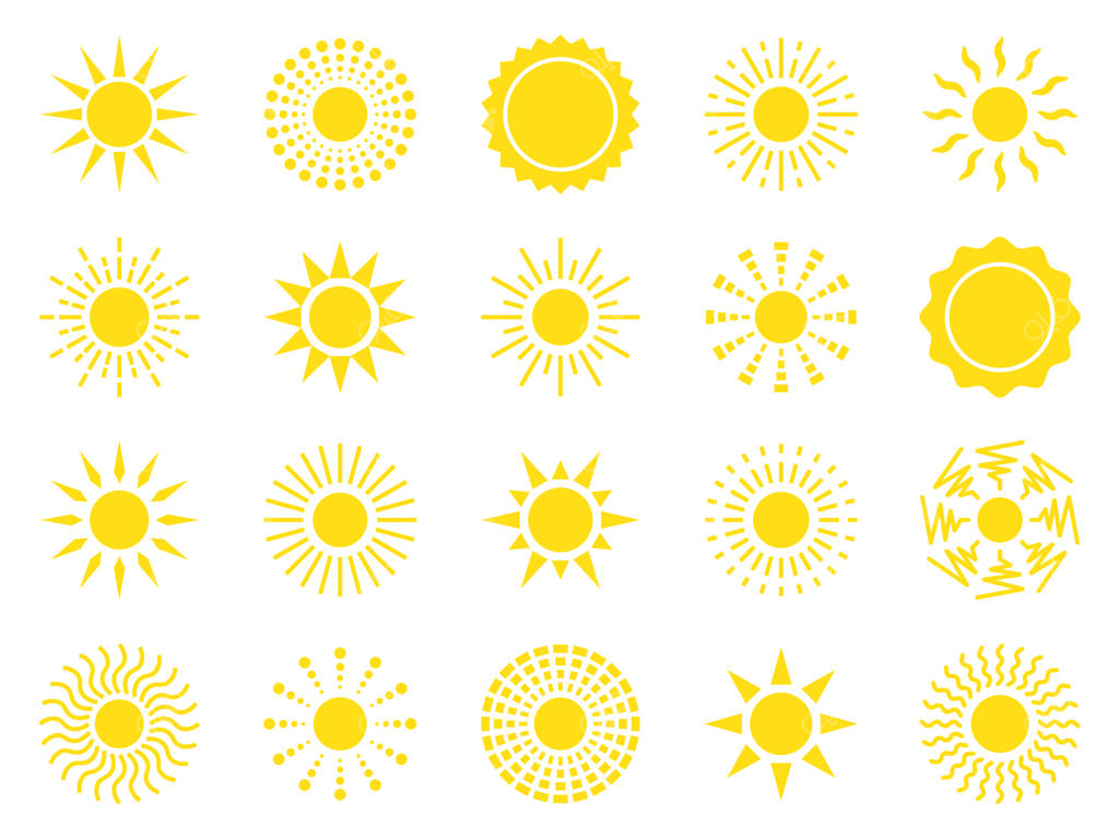 مجموعه آیکون‌های خورشید: نمادهای خورشید زرد، تابستان، نور طبیعی، آسمان وکتور