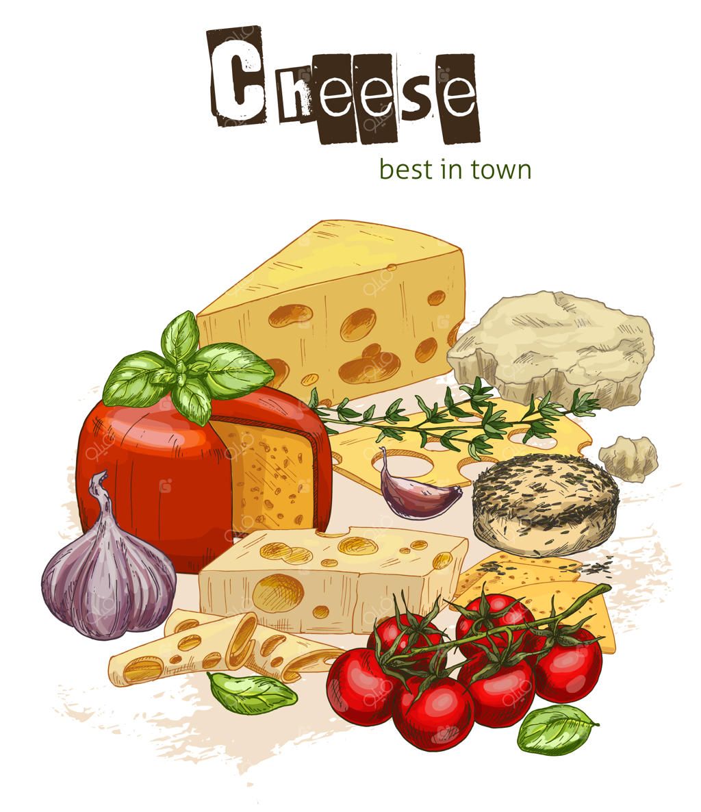 تصویر واقعی و رنگی از پنیر و سبزیجات به همراه ریحان و گوجه‌فرنگی