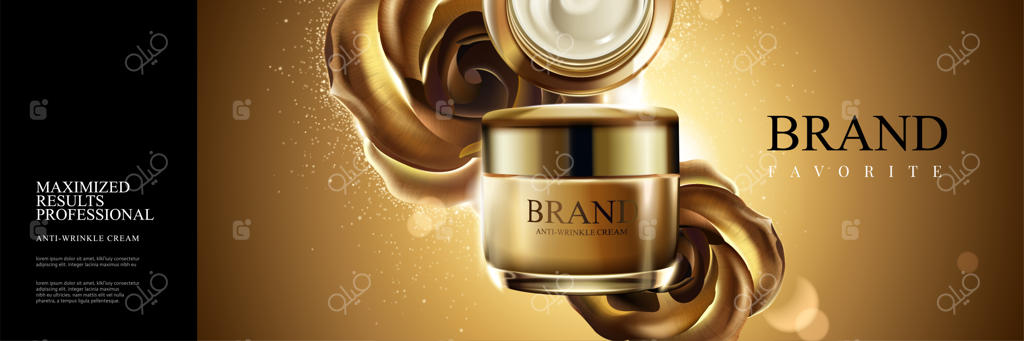 ظرف کرم با عناصر فلزی براق طلایی روی پس‌زمینه درخشان