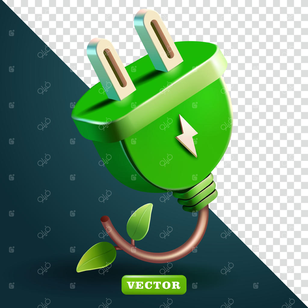 پریز سبز انرژی الکتریکی با سیم‌های گیاهی، سه‌بعدی - مناسب برای عناصر طراحی