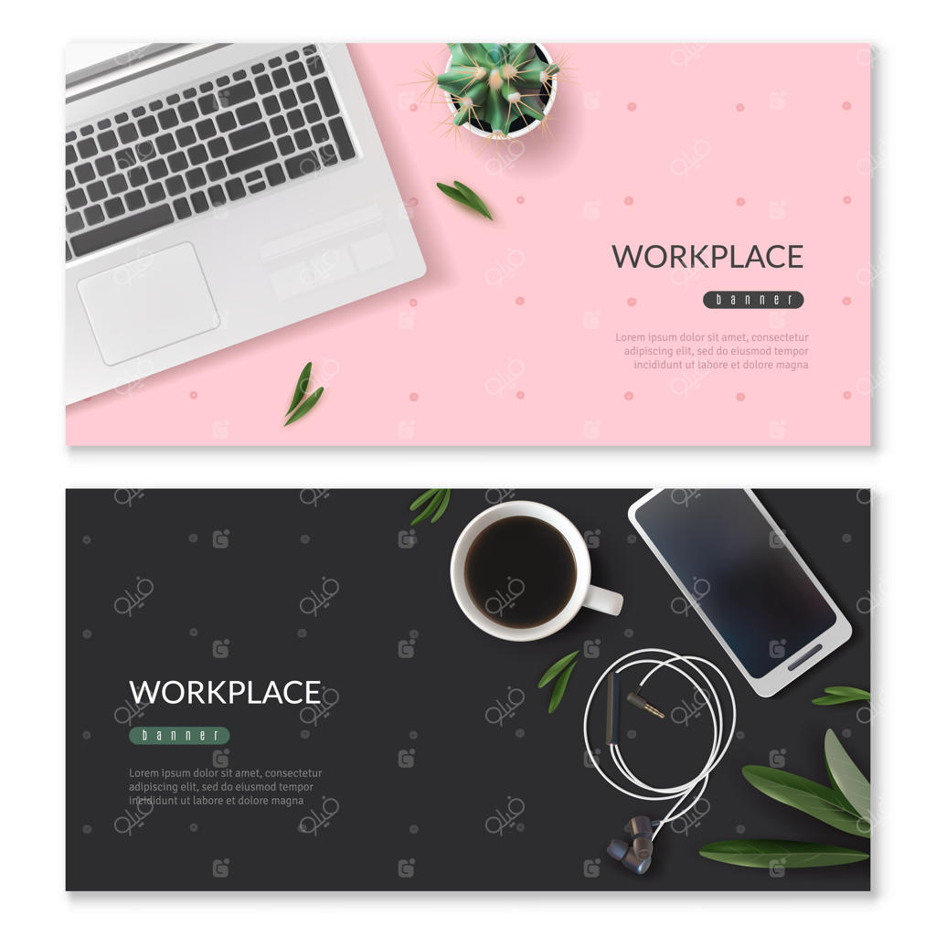 دو بنر افقی به رنگ صورتی و مشکی با محیط کاری واقعی