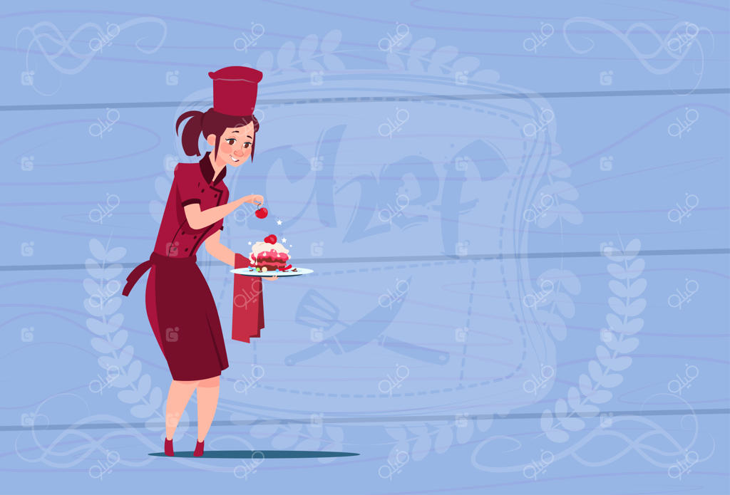 آشپز زن در حال نگه‌داشتن دسر - شخصیت کارتونی در لباس رستوران بر روی پس‌زمینه چوبی