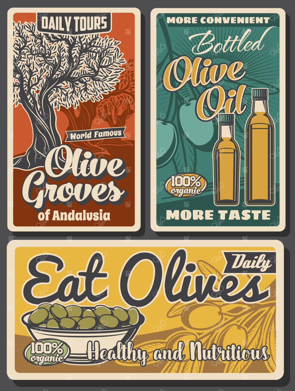 درختان زیتون به همراه بطری‌های روغن و زیتون‌های سبز