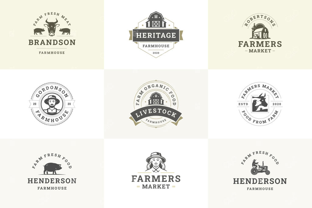 طراحی مجموعه لوگو رترو برای تولید گوشت ارگانیک در قصابی روستایی