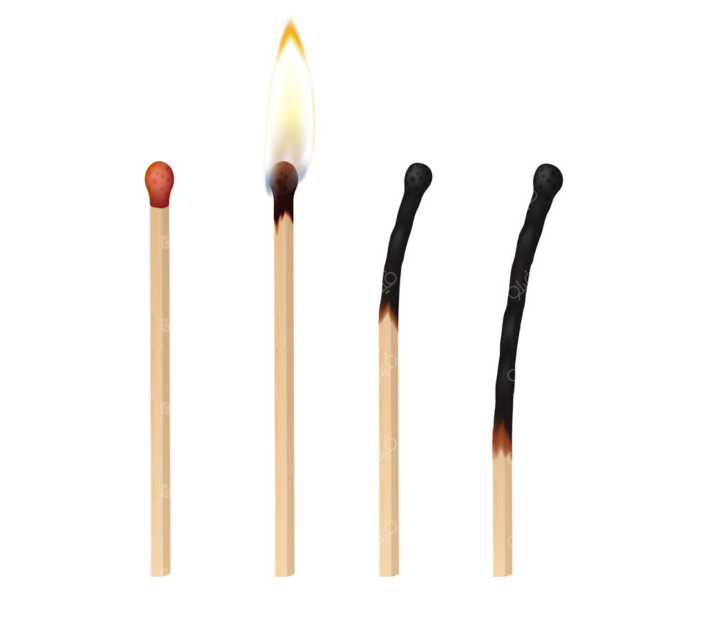 مجموعه چوب کبریت‌های چوبی و واقع‌گرایانه؛ شعله‌ور، در حال سوختن و سوخته