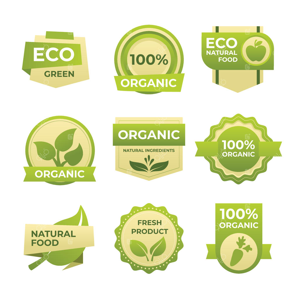 مجموعه طراحی برچسب سازگار با محیط زیست: برچسب‌های اورگانیک، نشان‌های غذای اکولوژیک با طرح برگ. برچسب‌های بیو و طبیعی مناسب برای چاپ، بروشور، بنر و وب.