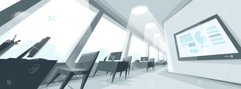 تصویرسازی وکتور از فضای داخلی دفتر کار با پرسپکتیو دِفُرمه، فضای درونی محیط کار مدرن