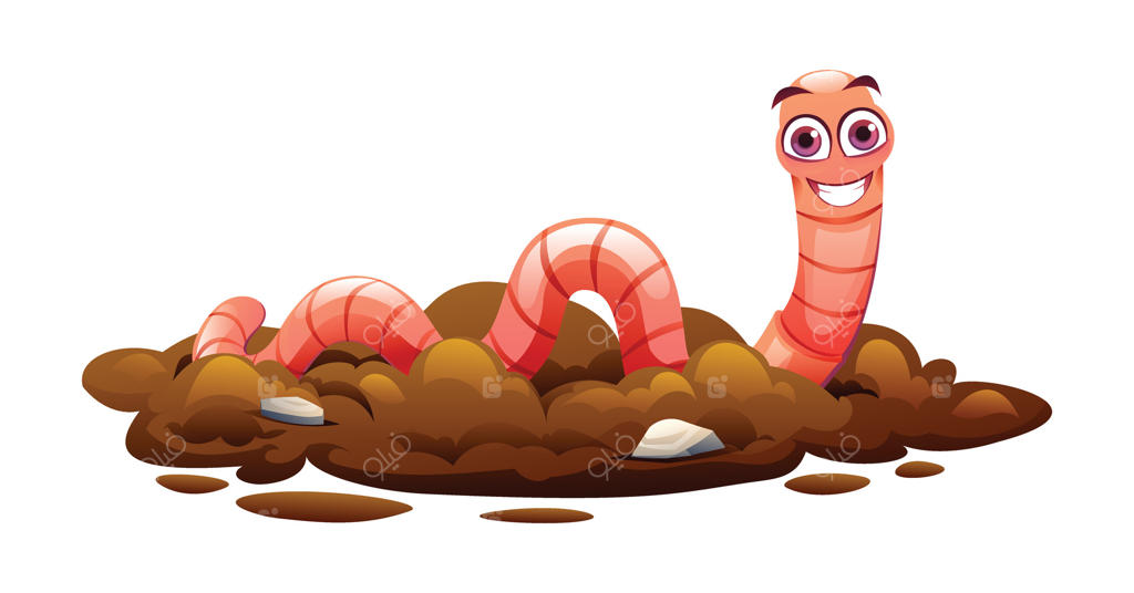 کرم بامزه در حال خزیدن میان خاک و سنگریزه‌ها، شاد و سرزنده. تصویر کارتونی