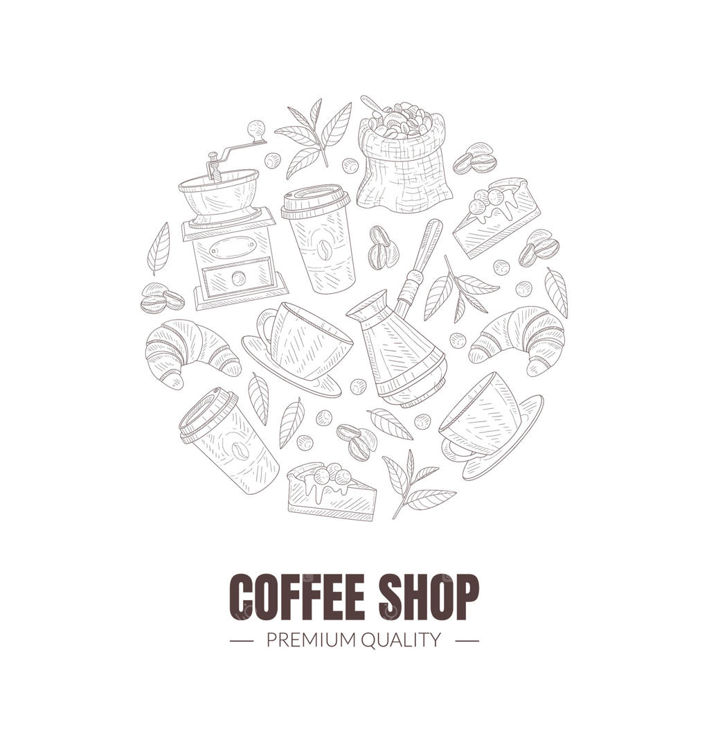 نمادهای شیک و تازه کافی‌شاپ در طرح دایره‌ای