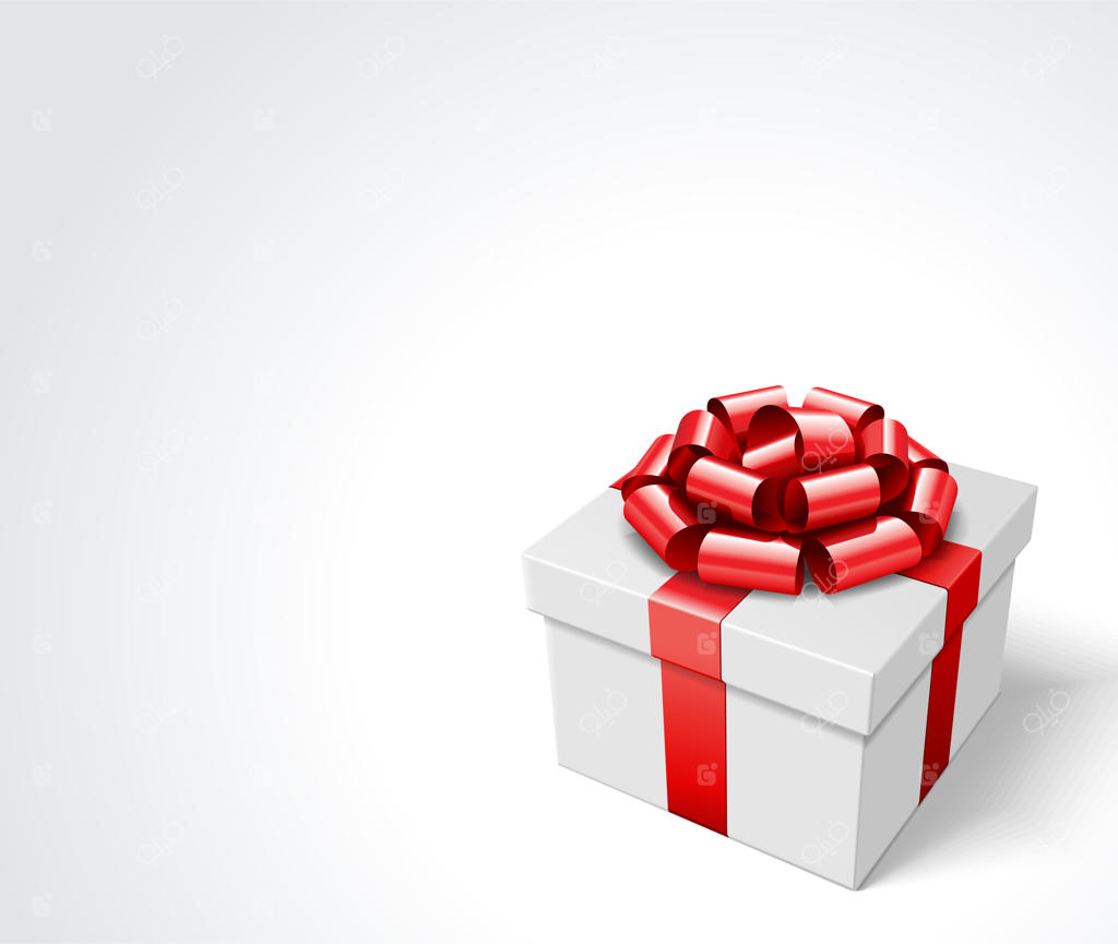 جعبه هدیه با روبان و پاپیون قرمز، طرحی روی پس‌زمینه سفید