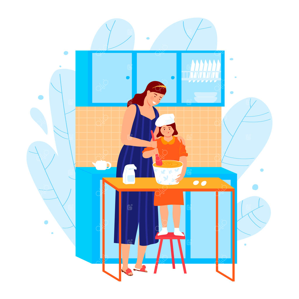 مادر و دختر در آشپزخانه: یک لحظه خانوادگی و پخت غذا، تصویر کارتونی روی پس‌زمینه سفید.