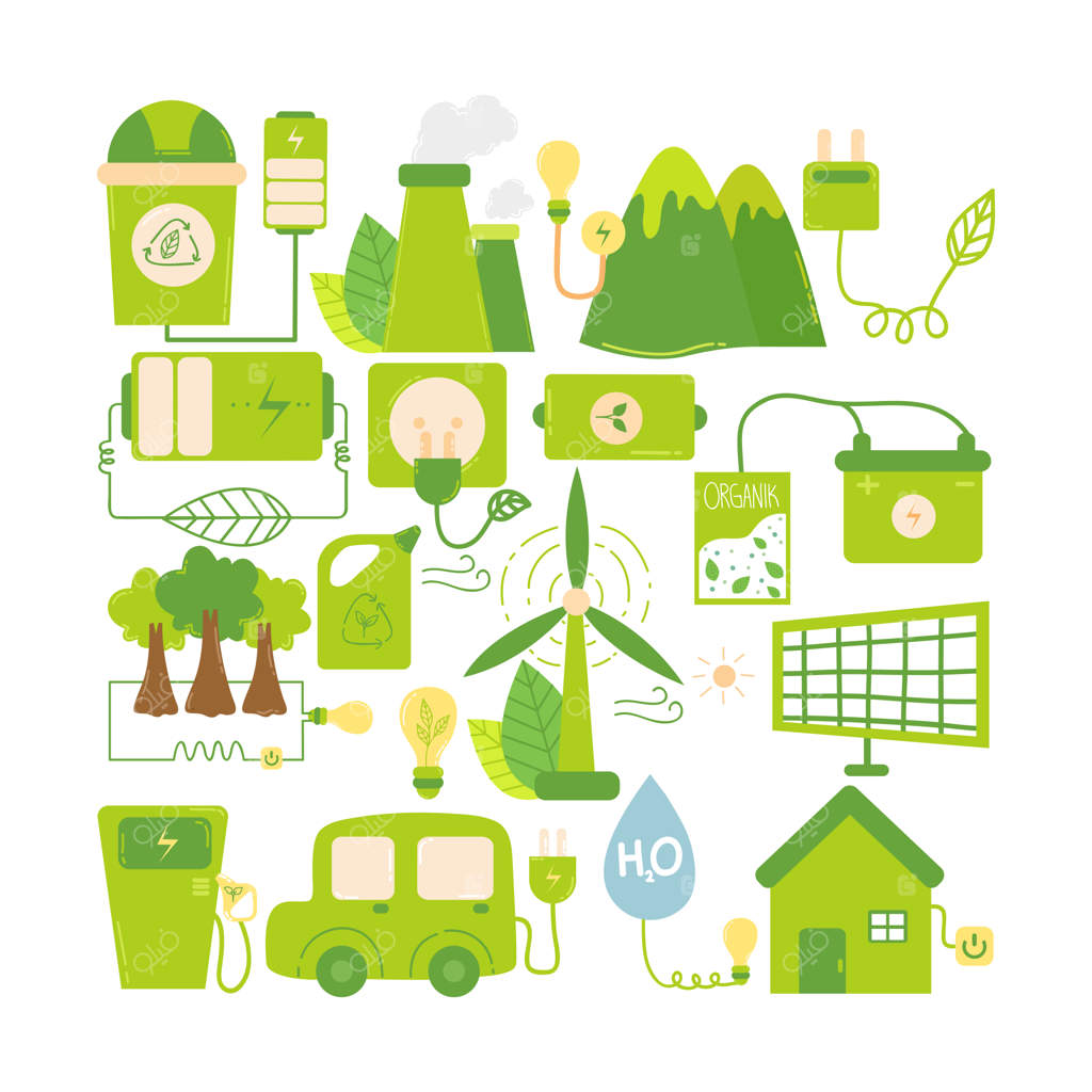 نمادهای مفهومی انرژی سبز: مجموعه آیکون‌های رنگی مرتبط با اکولوژی، محیط زیست و انرژی‌های تجدیدپذیر وکتور