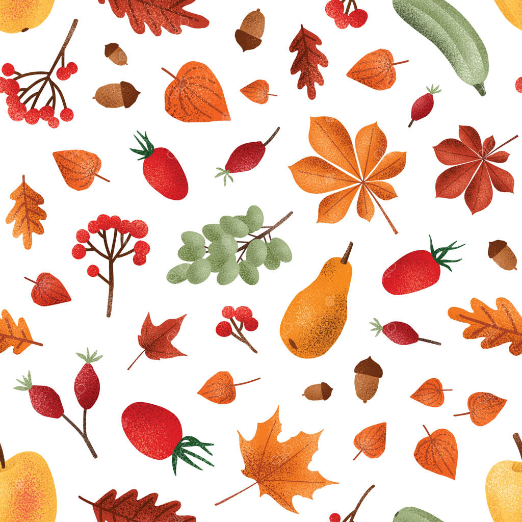 طرح یکپارچه برداشت پاییزی وکتور: بافت میوه‌ها و توت‌های فصلی، بلوط‌ها و برگ‌ها.