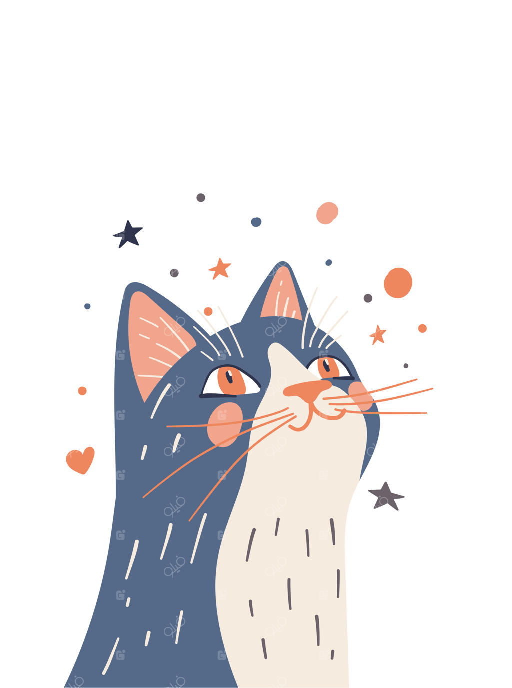 تصویرسازی وکتور بچه گربه ملوس نشسته با نگاه رو به بالا به سبک فلت، تصویر عمودی جدا شده در پس‌زمینه سفید