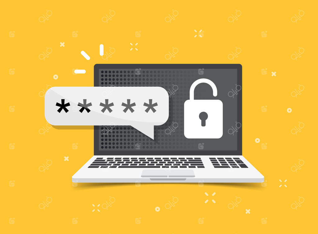 وکتور لپ‌تاپ با آیکون ورود به حساب کاربری و فرم رمز عبور به سبک تخت؛ نماد احراز هویت کاربر و مفهوم تجاری در پس‌زمینه ایزوله