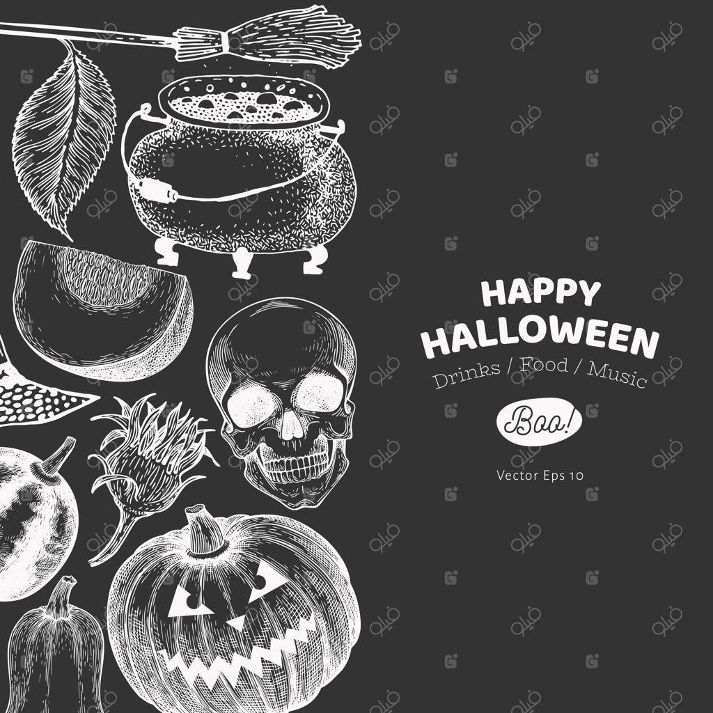 قالب بنر هالووین: طرح‌های دستی روی تخته سیاه با طرح‌های قدیمی کدو تنبل، جمجمه، دیگ و گل آفتابگردان.