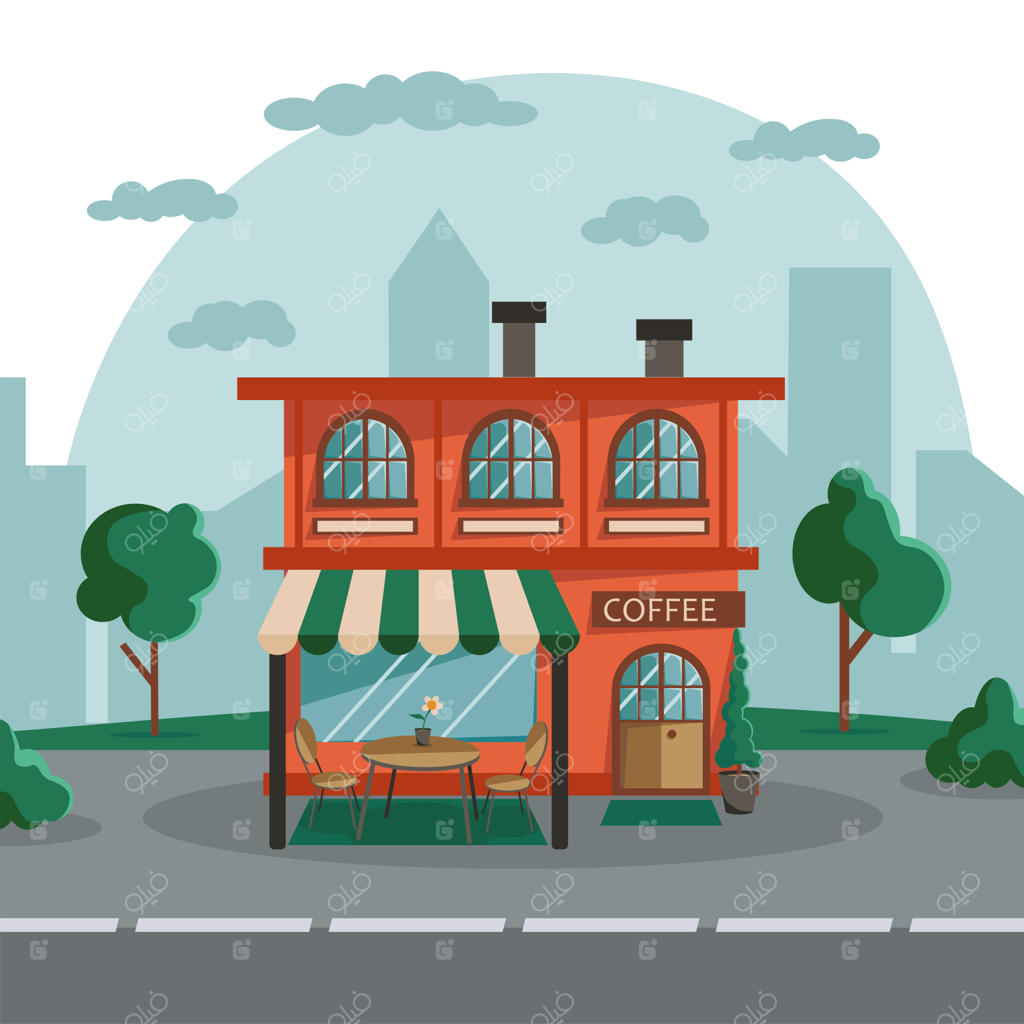 چشم‌انداز شهری با نمای خارجی کافی‌شاپ و ساختمان فروشگاه کوچک - تصویرسازی وکتور