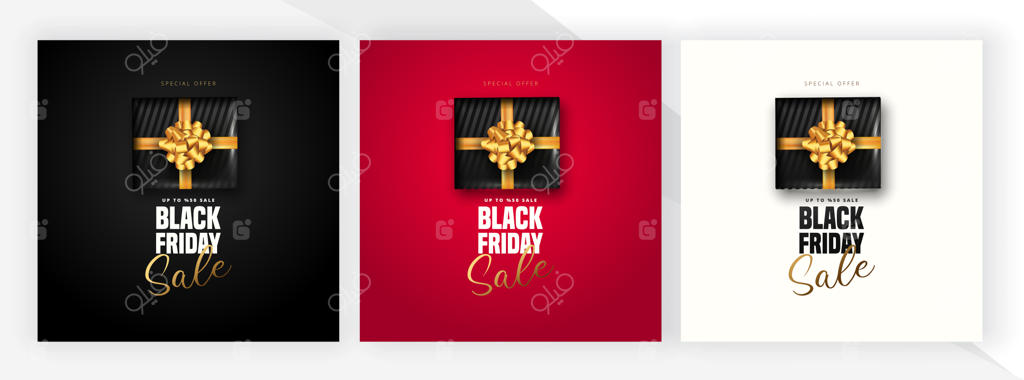 تخفیف 50 درصدی ویژه حراج جمعه سیاه - طراحی جعبه هدیه مشکی در سه رنگ متفاوت. مناسب برای پوستر، بنر یا قالب.