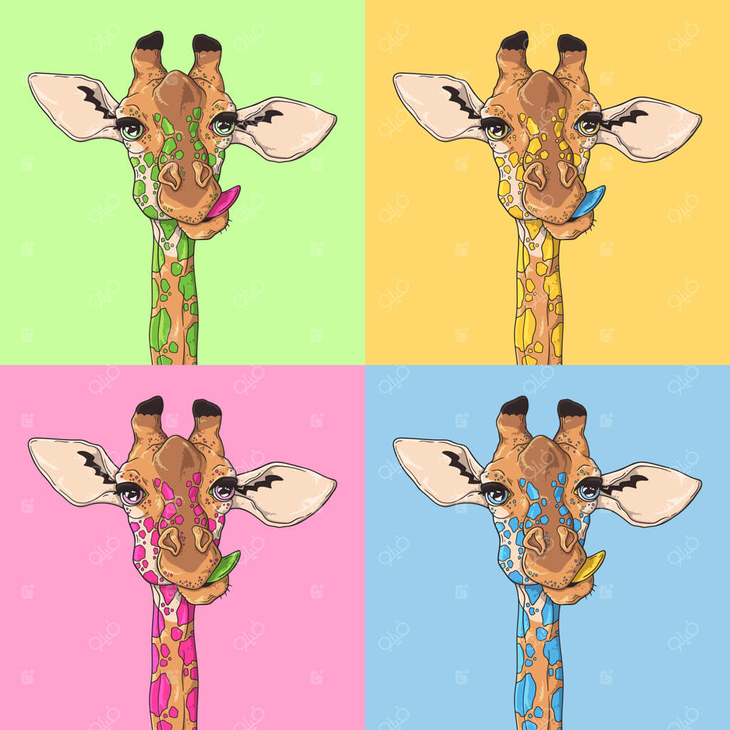 طرح وکتور: پرتره زرافه بامزه و رنگارنگ.