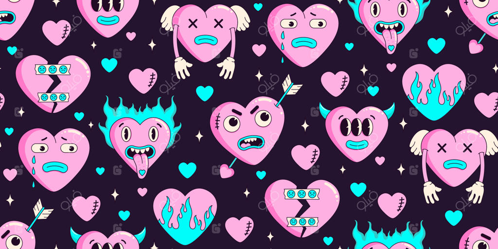 طرح یکپارچه نئون Y2K از قلب‌ها و عناصر کارتونی بامزه به سبک روان‌گردان عجیب.