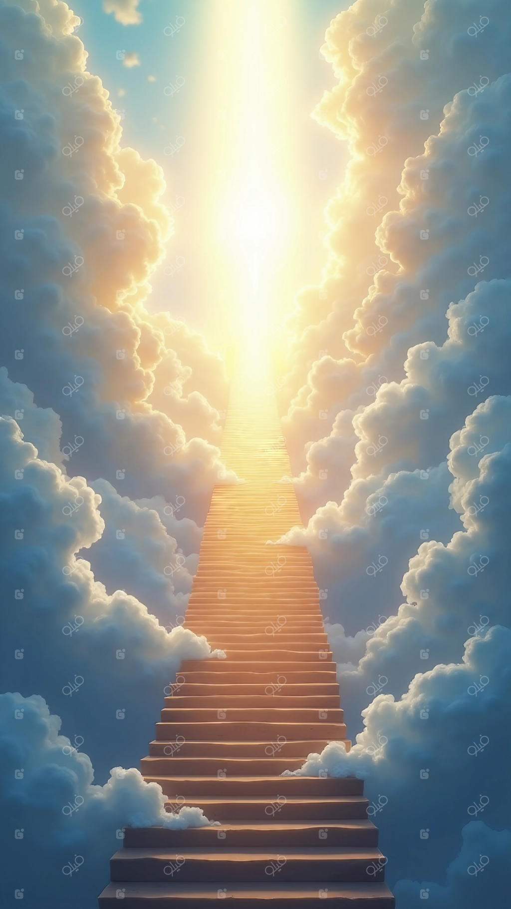 پلکان بهشت در میان ابرها و نور درخشان خورشید