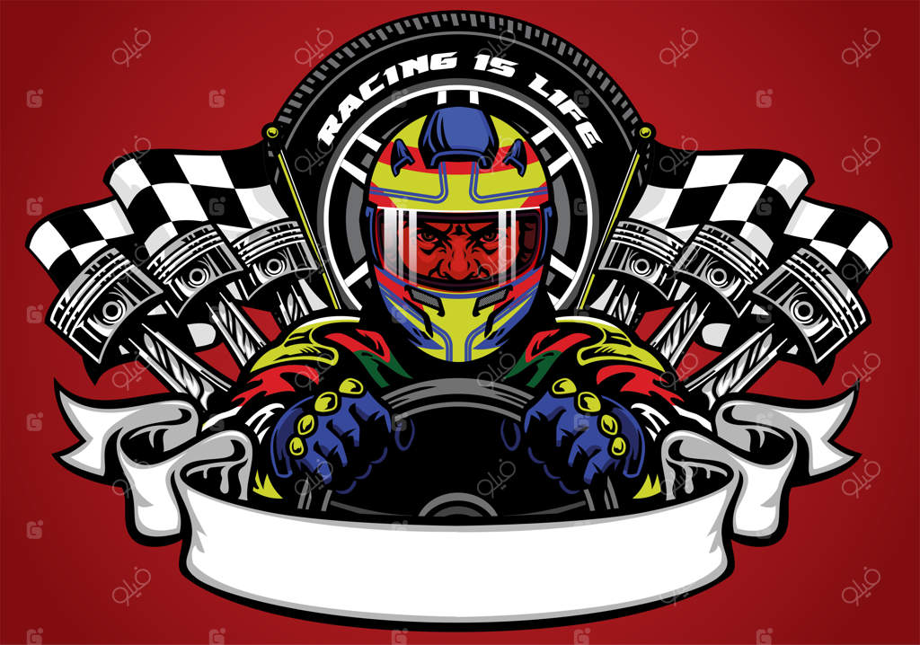 راننده ماشین مسابقه با کلاه ایمنی و روبان برای متن