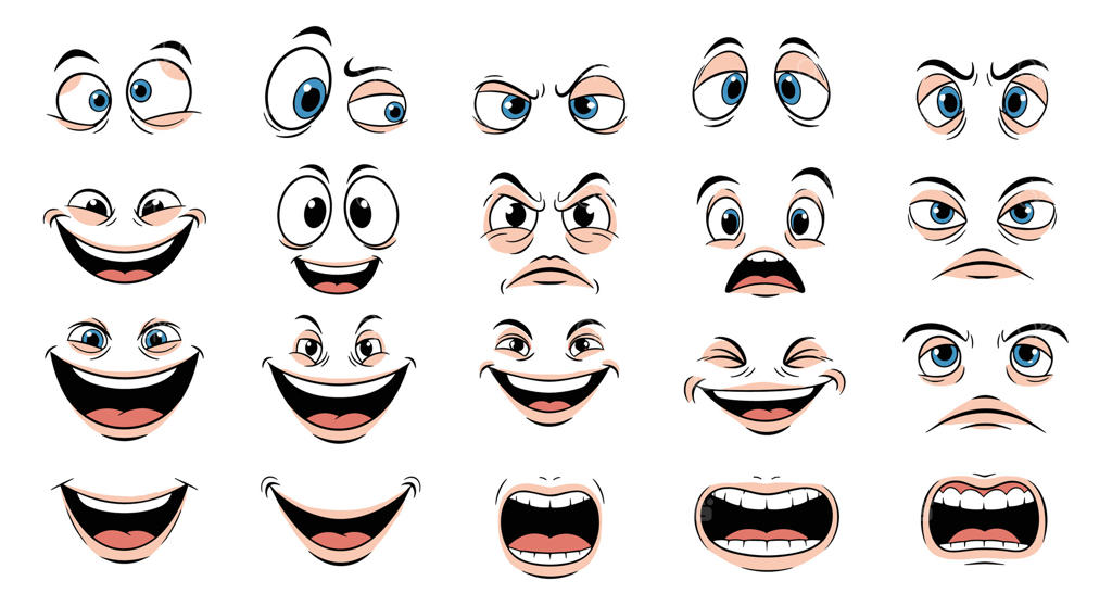 مجموعه چشم و دهان کارتونی برای انیمیشن شخصیت با حالت‌های چهره و احساسات متنوع