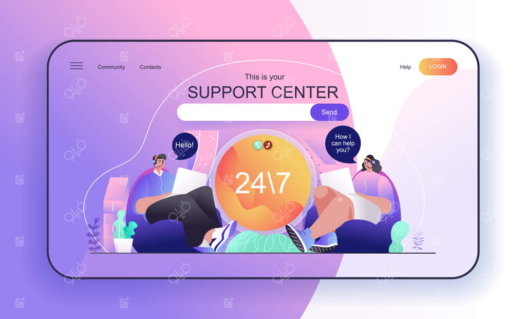 مفهوم مرکز پشتیبانی برای صفحه فرود: اپراتورهای پشتیبانی مشتری تماس‌ها و پیام‌ها را دریافت می‌کنند