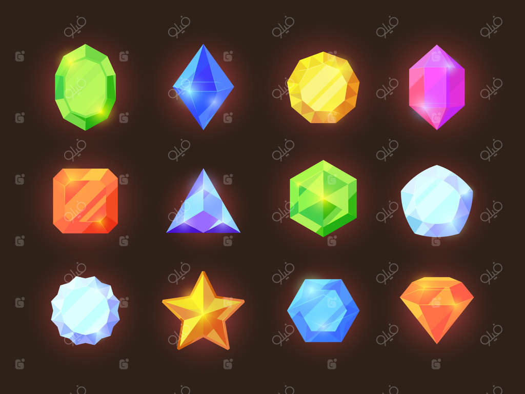 مجموعه رنگ‌های کریستالی بازی: جواهرات براق با اشکال هندسی مختلف: الماس‌های آبی، یاقوت‌های نارنجی، و زمردهای سبز. گنجینه‌ای گرافیکی و پرجنب و جوش برای رابط کاربری غنی موبایل.