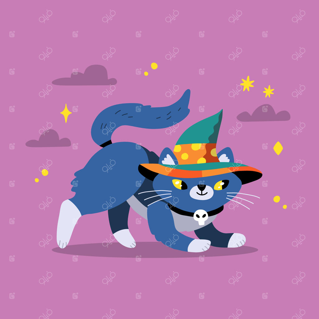 گربه بامزه هالووینی با کلاه جادوگر و تزیین جمجمه