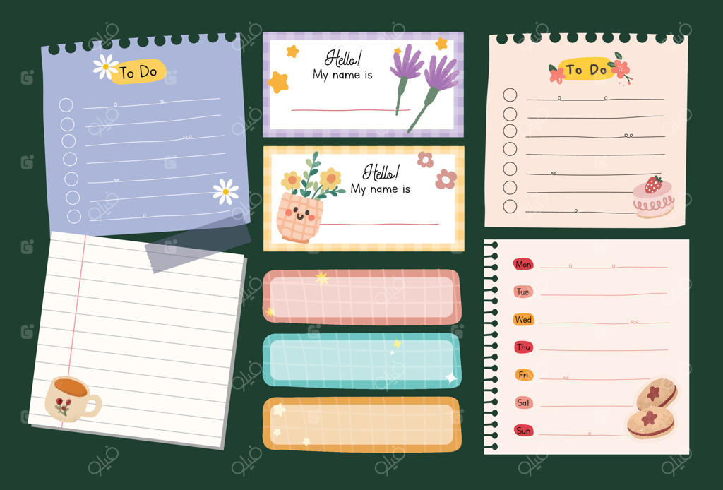 مجموعه عناصر دفترچه خاطرات رنگارنگ با یادداشت‌ها، برچسب‌ها و لیبل‌های بامزه، مناسب برای طراحی صفحات خاطرات، تزئین دفتر برنامه‌ریزی و پروژه‌های لوازم‌التحریر خلاقانه