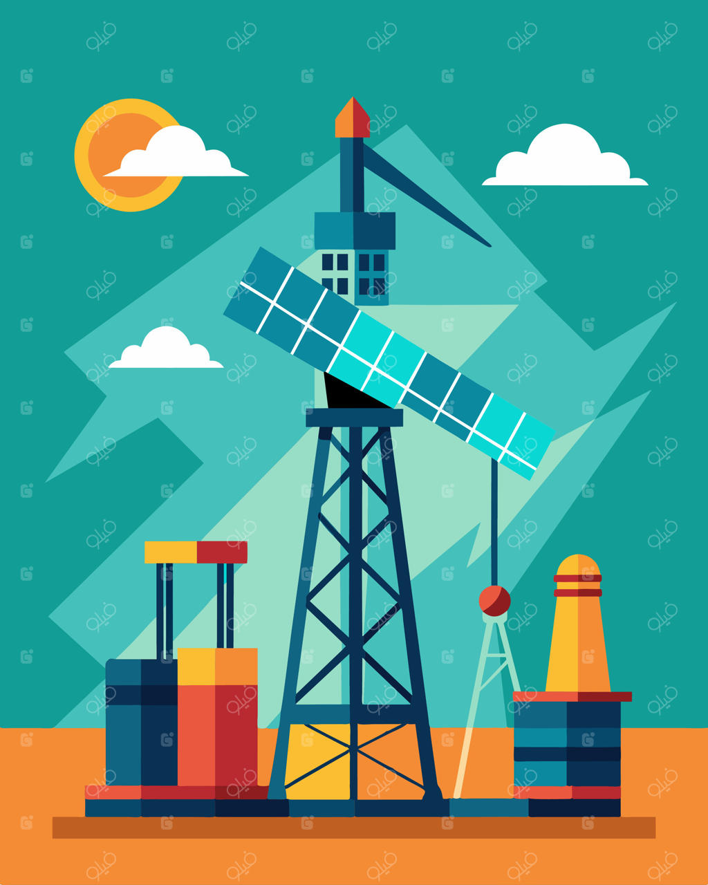 از دور، دکل نفتی با ظاهر آینده‌نگر و ترکیب هماهنگ پنل‌های خورشیدی پیشرفته و تجهیزات سنتی حفاری نفت دیده می‌شود. - تصویرسازی.