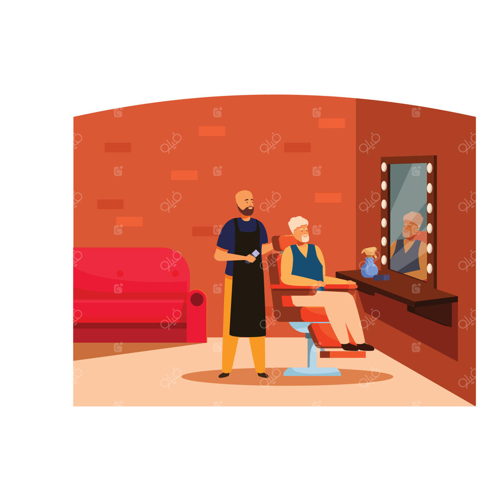 آرایشگر کنار مشتری سالمندی که روی صندلی نشسته و موهایش را کوتاه می‌کند