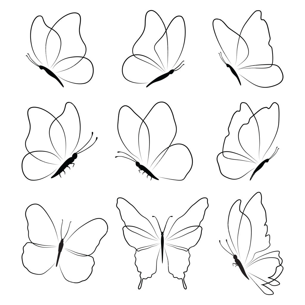 مجموعه پروانه‌های سیاه و سیلوئت‌های جدا شده در پس‌زمینه سفید