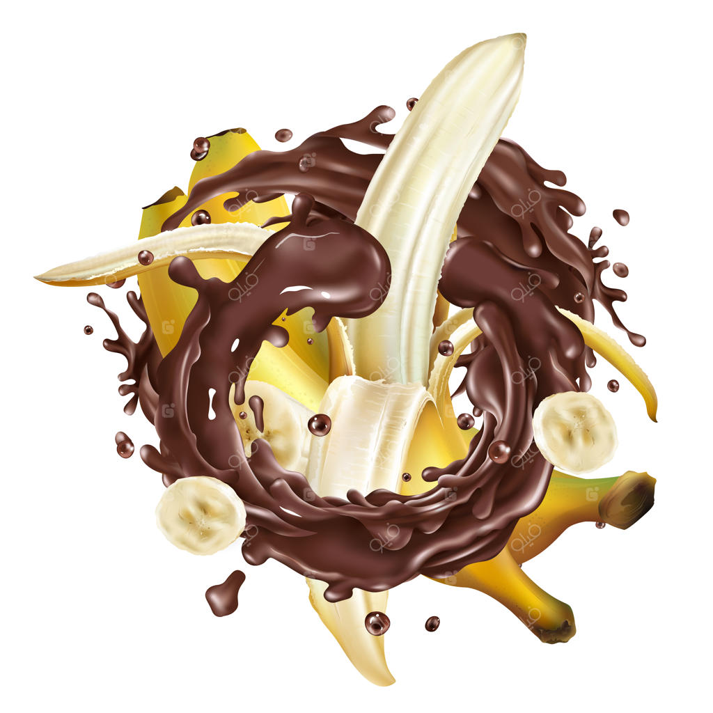 موز کامل و حلقه شده در چشمه‌ای از شکلات.