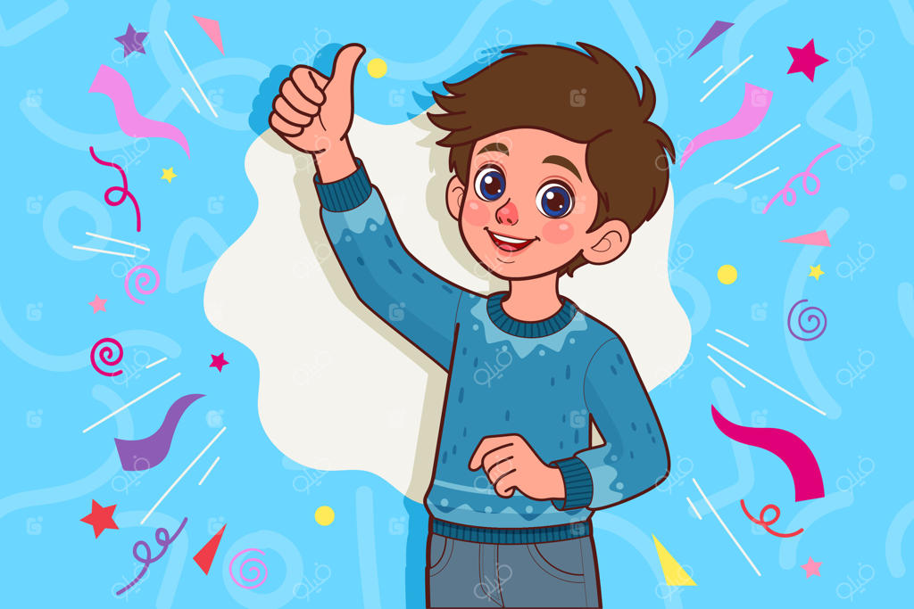 پسر کارتونی با ژست شست رو به بالا، طراحی دستی به سبک خطی