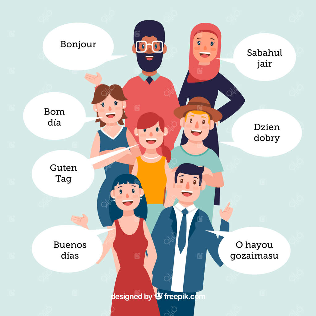 افراد خوشحال به زبان‌های مختلف صحبت می‌کنند (طراحی تخت)