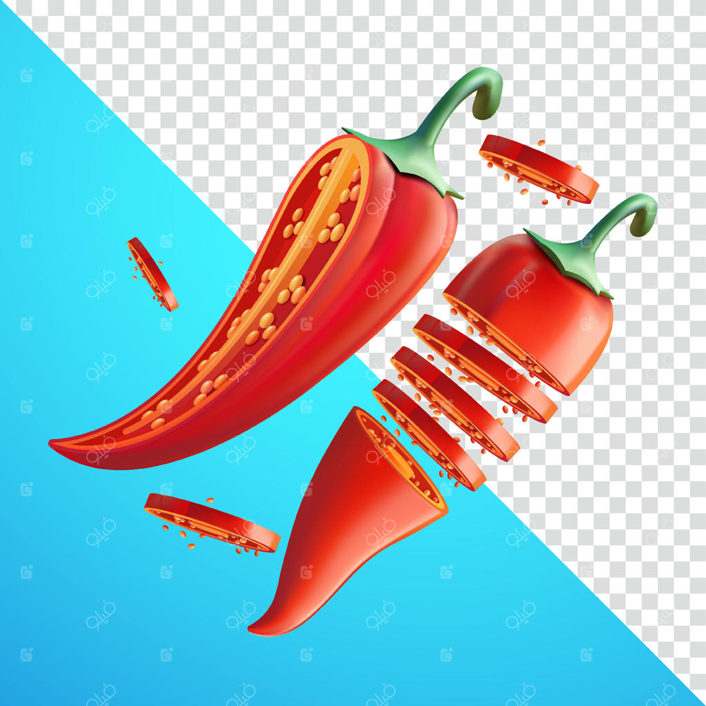 برش‌های فلفل قرمز در قالب سه‌بعدی: مناسب برای تزئین، طراحی گرافیکی، غذا و تبلیغات